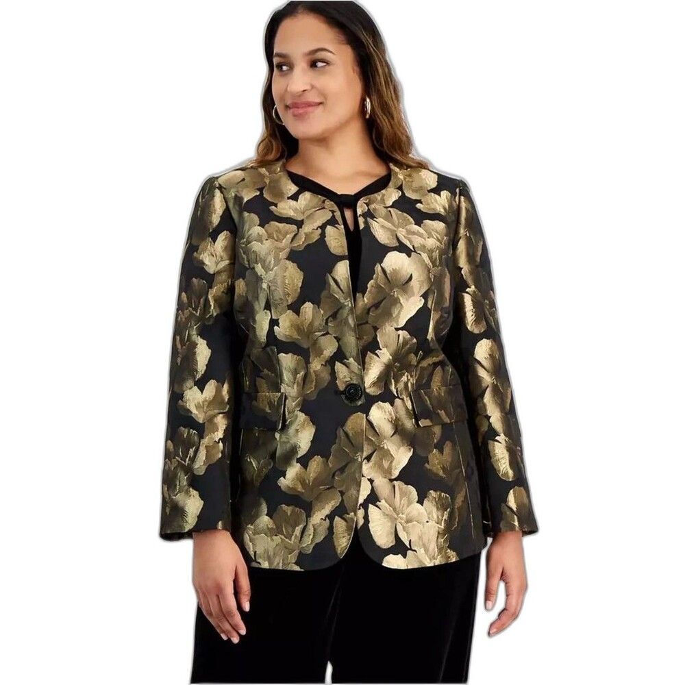 NWT Kasper Blazer Women's Size 12 Black & Gold Metallic Floral Jacquard